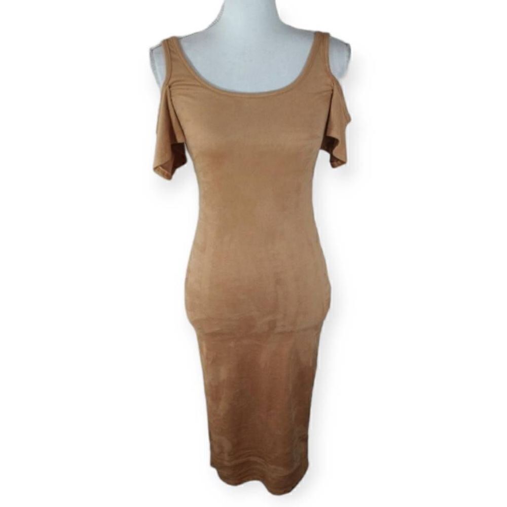LAC BLUE CAMEL FAUX SUEDE BODYCON COLD SHOULDER MIDI DRESS SZ.S NWOT.